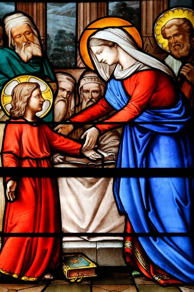 Sanktuarium Matki Bożej Salette Witraże Wieku Lat Jezus Słucha Nauk — Zdjęcie stockowe