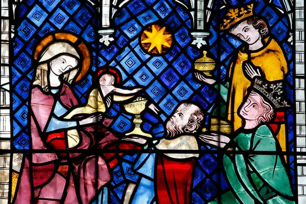 Vår Frue Strasbourg Katedral Glassmaleri Fra 1300 Tallet Tilbedelse Magi – stockfoto
