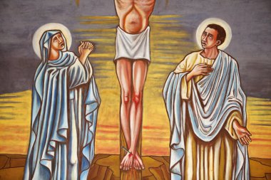 Resim yapmak. İsa Mesih 'in çarmıha gerilmesi. Bakire Meryem ve Aziz John. Katolik kilisesi. Togo. 