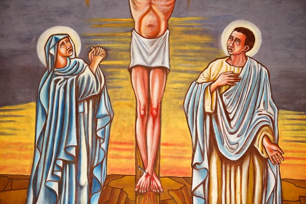 Painting Crucifixion Jesus Christ Virgin Mary Saint John Catholic Church — Stock Photo, Image