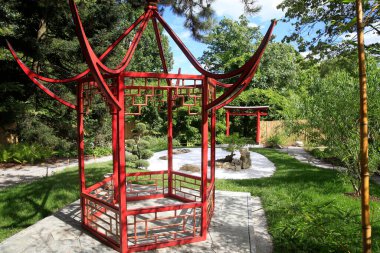 Cenevre şehrinin Botanik Bahçesi. Japon zen bahçesi. İsviçre.