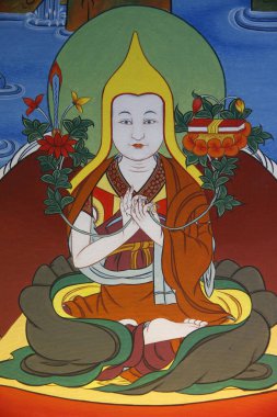 Bin Buda 'nın tapınağı. Dashang Kagyu Ling cemaati. Resim yapmak. Keşiş dua ediyor.