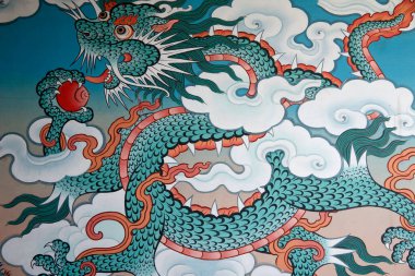 Bin Buda 'nın tapınağı. Dashang Kagyu Ling cemaati. Resim yapmak. Ejderha. 