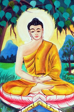 Wat Inpeng Budist tapınağı. Shakyamuni Buddha 'nın hayat hikayesini resmetmek. Buda meditasyon pozunda oturuyor. Vientiane. Laos. 