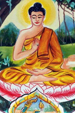 Wat Inpeng Budist tapınağı. Shakyamuni Buddha 'nın hayat hikayesini resmetmek. Buda 'nın öğretisi Buda' nın yaşamında belirli bir anı tasvir eder. Buda 'nın aydınlandıktan sonra verdiği ilk vaaz. Vientiane. Laos. 
