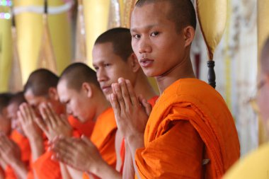 Wat Ong Teu Budist tapınağı. Oturan Budist rahipler bir törende ilahi okuyup dua okuyorlar. Vientiane. Laos. 