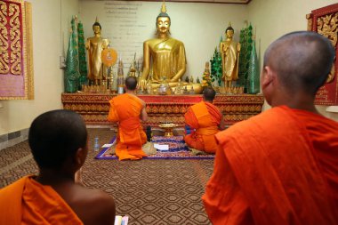 Buda ya da Sim: Budist tapınağının en kutsal kompleksi. Genç Budist rahipler bir törende dua okuyup ilahi okuyorlar. Vang Vieng. Laos. 