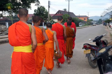 Rahipler sadaka için dolaşıyorlar. Vang Vieng. Laos. 