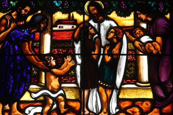 Carouge Protestáns Templom Foltos Üvegablak Máté Jézus Pedig Monda Hagyjátok — Stock Fotó