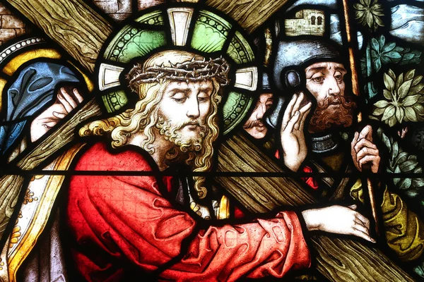 Dreifaltigkeitskirche Genf Bleiglasfenster Das Leiden Jesu Christi Jesus Trägt Das — Stockfoto