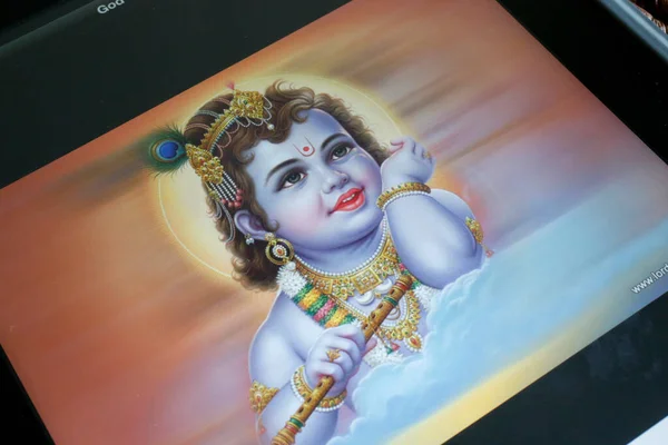 Déité Hindoue Sur Ipad Bébé Krishna Hindouisme — Photo