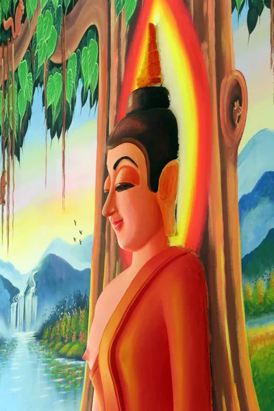 ワットシリコンムアン Simuong 仏教寺院 釈迦牟尼仏の生涯を描いた絵 仏瞑想のポーズで菩提樹の下に座っている ビエンチャン ラオス — ストック写真