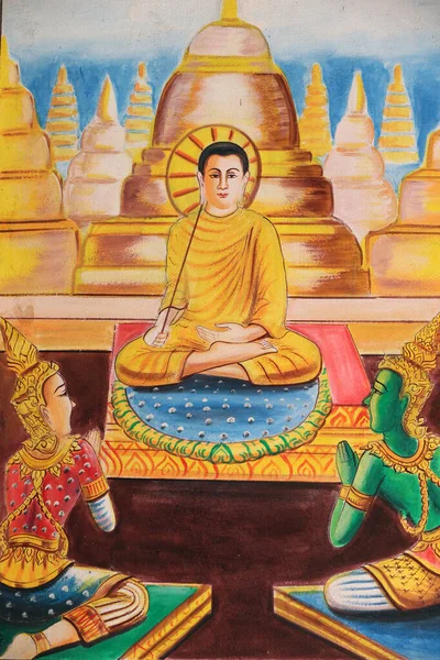 Gemälde Das Die Lebensgeschichte Des Shakyamuni Buddha Darstellt Buddha Widmete — Stockfoto