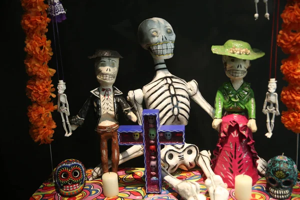 人类博物馆 Musee Homme 该博物馆致力于人类学 人种学和人类进化的史前研究 在墨西哥举行的 死亡纪念日 鲜花和骷髅散开了 — 图库照片