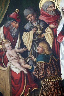 Unterlinden Müzesi. İsa 'nın sünneti. Ayrıntılar. Tahta paneldeki yağ. 16. yüzyıl. Colmar. Fransa.