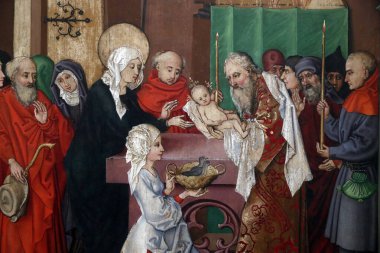 Unterlinden Müzesi. Tahta panelde İsa 'nın Tapınak Yağı' nda sunumu. Martin Schongauer. 15. yüzyılın sonları. Colmar. Fransa.