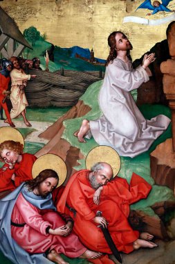 Unterlinden Müzesi. İsa, Gethsemane 'nin bahçesinde son yemekten sonra havariler uyurken dua ediyor. Tahta paneldeki yağ. Martin Schongauer. 15. yüzyılın sonları. Colmar. Fransa.