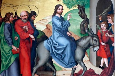 Unterlinden Müzesi. İsa 'nın Kudüs' e girişi. Palm Sunday 'de. Tahta paneldeki yağ. Martin Schongauer. 15. yüzyılın sonları. Colmar. Fransa.