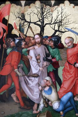 Unterlinden Müzesi. İsa 'nın Tutkusu. Yahuda 'nın öpücüğü. Tahta paneldeki yağ. Martin Schongauer. 15. yüzyılın sonları. Colmar. Fransa.