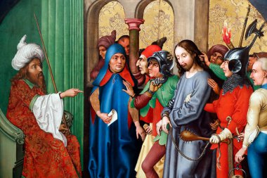 Unterlinden Müzesi. İsa Sanhedrin tarafından lanetlendi. Tahta paneldeki yağ. Martin Schongauer. 15. yüzyılın sonları. Colmar. Fransa.