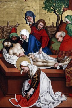 Unterlinden Müzesi. İsa 'nın Tutkusu. İsa mezarın içine konur. Tahta paneldeki yağ. Martin Schongauer. 15. yüzyılın sonları. Colmar. Fransa.