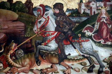 Unterlinden Müzesi. Aziz George ejderhayı öldürüyor. Tahta paneldeki yağ. 15. yüzyıl. Tahta paneldeki yağ. Martin Schongauer. 15. yüzyılın sonları. Colmar. Fransa.