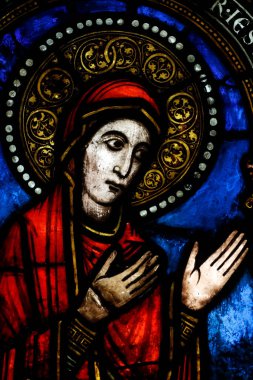 Oeuvre Notre-Dame Müzesi. Lekeli cam pencere. Ziyaret 'in Bakire ve Aziz Elizabeth' i. 12. yüzyıl. Strasbourg 'da. Fransa.