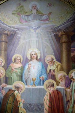 Saint-Grat Kilisesi. Son Yemek, İsa ve havarileri çarmıha gerilmeden önce Kudüs 'te. Valgrisenche. İtalya.