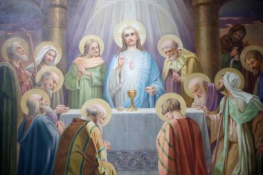 Saint-Grat Kilisesi. Son Yemek, İsa ve havarileri çarmıha gerilmeden önce Kudüs 'te. Valgrisenche. İtalya.
