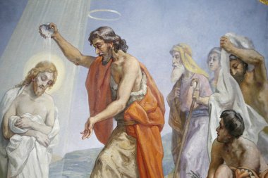 Saint-Grat Kilisesi. Resim yapmak. İsa Valgrisenche 'in vaftiz töreni. İtalya.