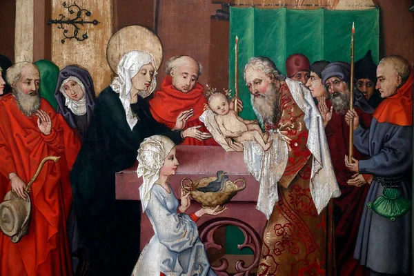 Unterlinden Müzesi. Tahta panelde İsa 'nın Tapınak Yağı' nda sunumu. Martin Schongauer. 15. yüzyılın sonları. Colmar. Fransa.