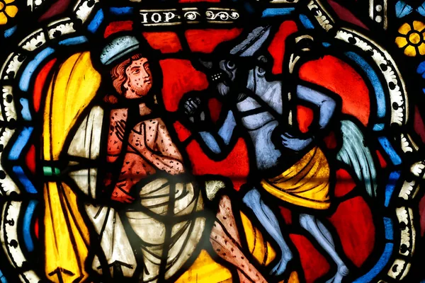 Oeuvre Notre Dame Museum Stained Glass Window Job Tormented Devil — Stock Photo, Image