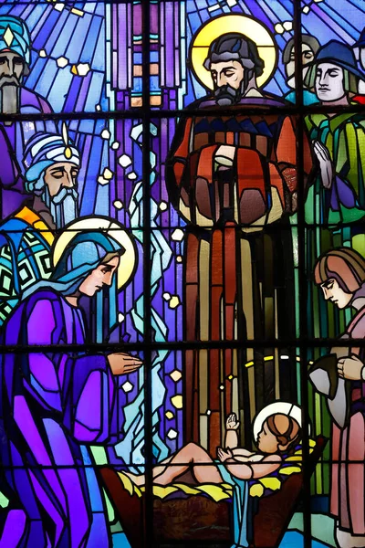 Kristi Födelse Julkrubba Sankt Josefs Kyrka Kristi Födelse Glasfönster Rafael — Stockfoto