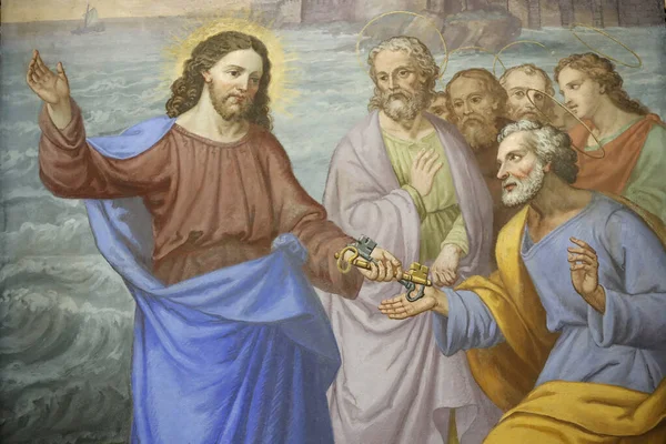 Saint Grat Kyrkan Målning Kristus Ger Nycklarna Till Peter Valgrisenche — Stockfoto