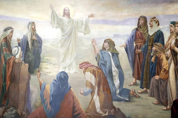 Saint-Grat Kilisesi. Resim yapmak. İsa: Dağdaki vaaz. Valgrisenche. İtalya.