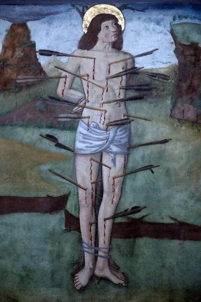 Sant Orso Kilisesi. Aziz Sebastian 'ın şehitliği. Aosta. İtalya. 