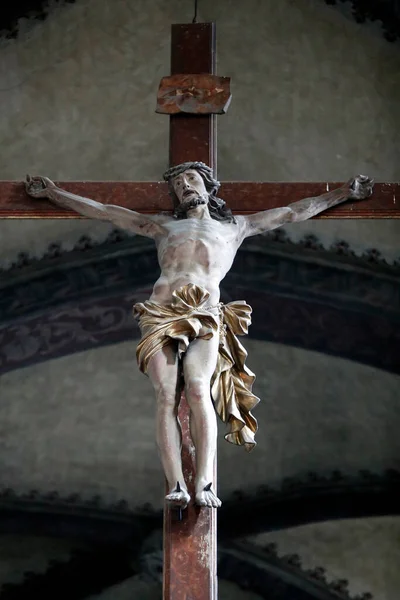 Iglesia Sant Orso Jesús Cruz Tallado Madera Aosta Italia —  Fotos de Stock