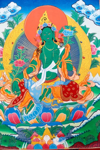 Grüne Tara Thangka Malerei Einem Buddhistischen Tempel — Stockfoto