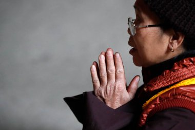 Tam Thanh mağarası. Thanh Thien taoist pagoda. Taoizm hayranı dua ediyor. Lang Oğlu. Vietnam.