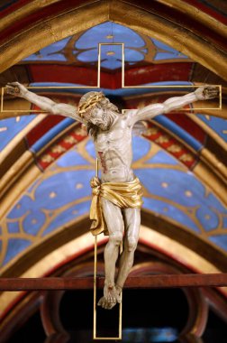 Saint-Pierre-le-Jeune Protestan Kilisesi. Rood ekranı. Çarmıha gerilmiş İsa. Strasbourg 'da. Fransa.