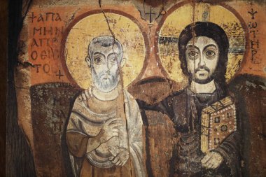 Saint-Pierre-le-Jeune Protestan Kilisesi. Orta Mısır 'daki Bawit' ten bir altıncı yüzyıl ikonunda İsa ve Menas. Strasbourg 'da. Fransa.