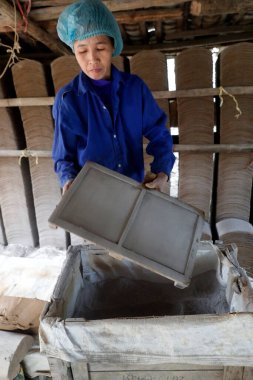 Seramik çatı döşeme fabrikasında çalışan bir kadın. Bac Son. Vietnam.