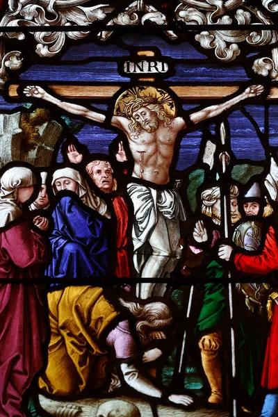 Kościół Protestancki Ukrzyżowanie Jsus Krzyżu Witraże Strasburg Francja — Zdjęcie stockowe