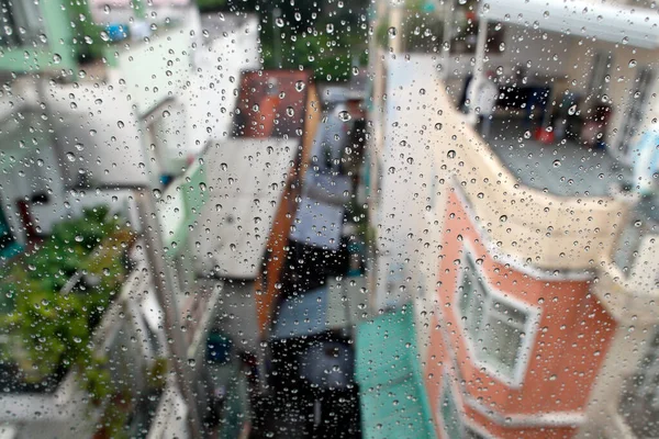 Temporada Monzones Primer Plano Las Gotas Lluvia Ventana Vidrio Gotas — Foto de Stock