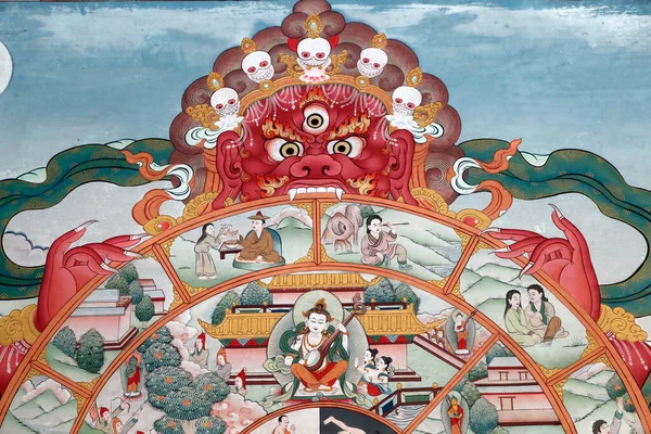 Pema Osel Ling修道院 生命之轮或Bhavacakra是Sa Sara的象征性代表 墙壁彩绘 — 图库照片