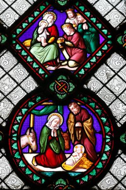 Saint-Martin d'Ainay Basilica. Stained glass window. Nativity. The Adoration of the Magi. Lyon. France. 