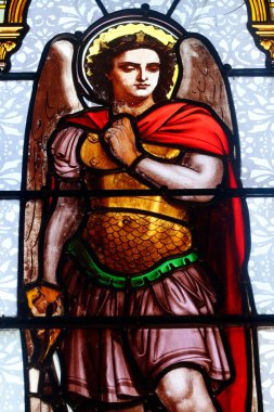 Saint-Jean de Bosco church.  Stained glass window. Saint Michael the Archangel.  Bons en Chablais. France. 