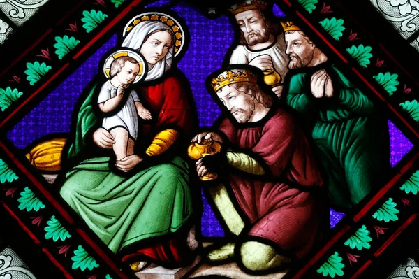 Saint Martin Ainay Basilica Stained Glass Window Nativity Adoration Magi — Stock Photo, Image