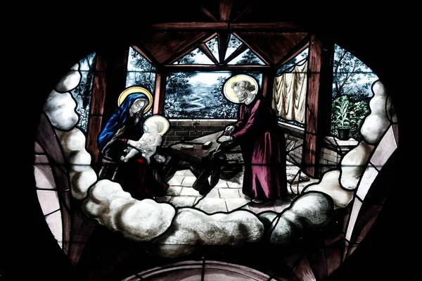 Saint Etienne Mont Kyrkan Fönster Målat Glas Heliga Familj Joseph — Stockfoto