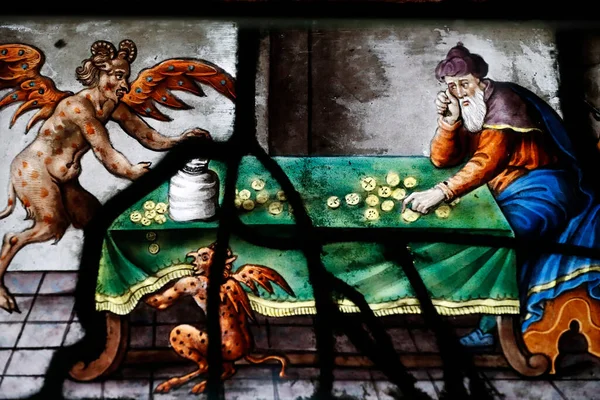 Saint Etienne Mont Church Stained Glass Window Devils Leading Humans — Photo